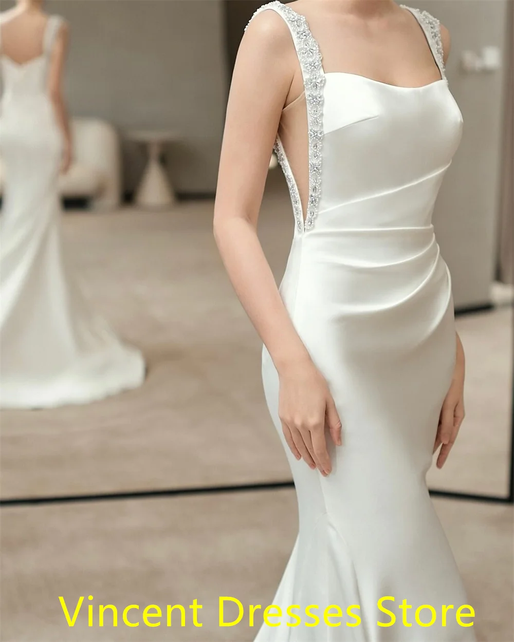 Personalizado sereia vestido de noite elegante camisa branca gola quadrada vestido de casamento clássico boné manga tribunal trem vestidos de noiva