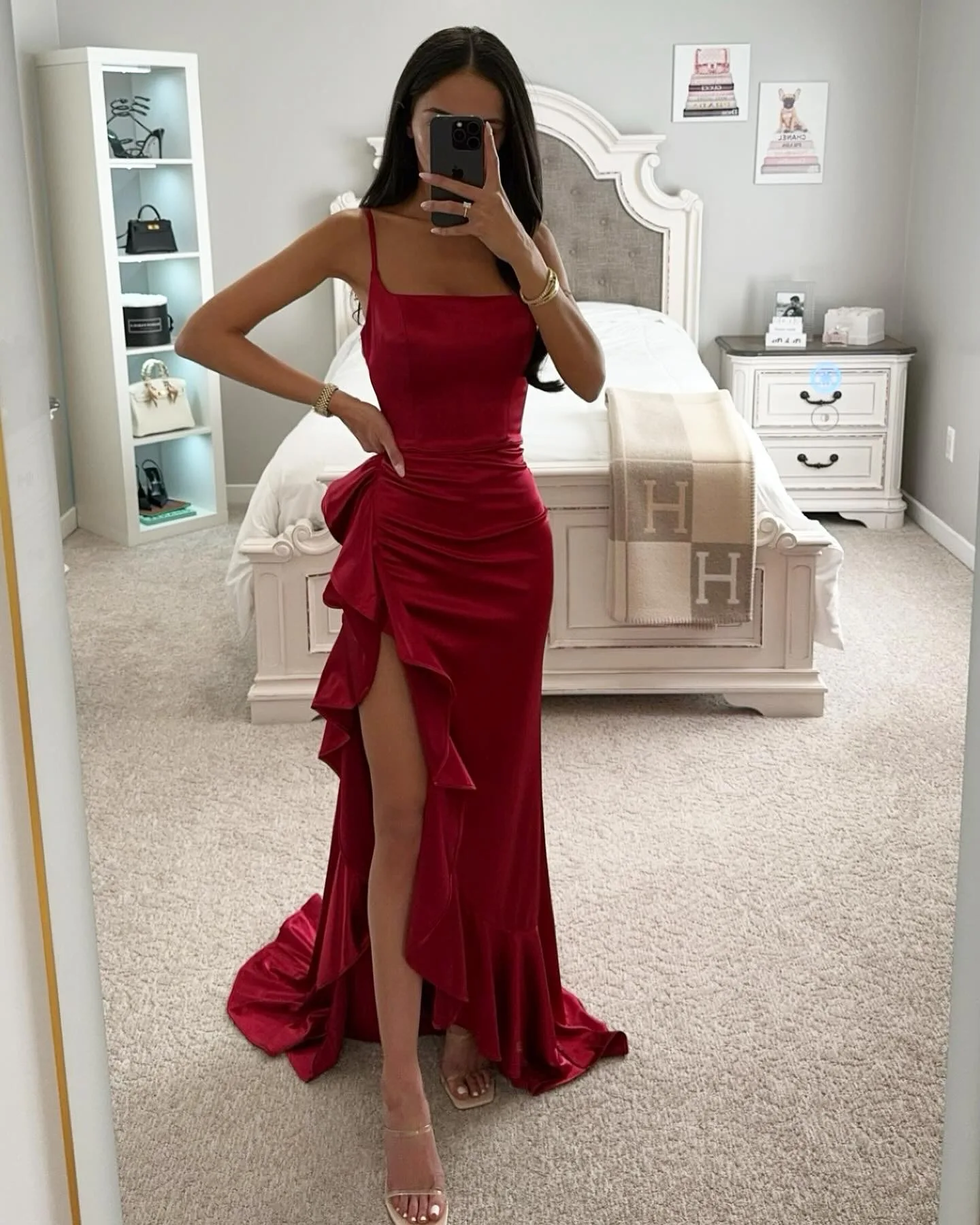 Customized red one shoulder satin prom dresses for women 2025 mermaid side slit ruffle formal evening gowns bridesmaid dresses