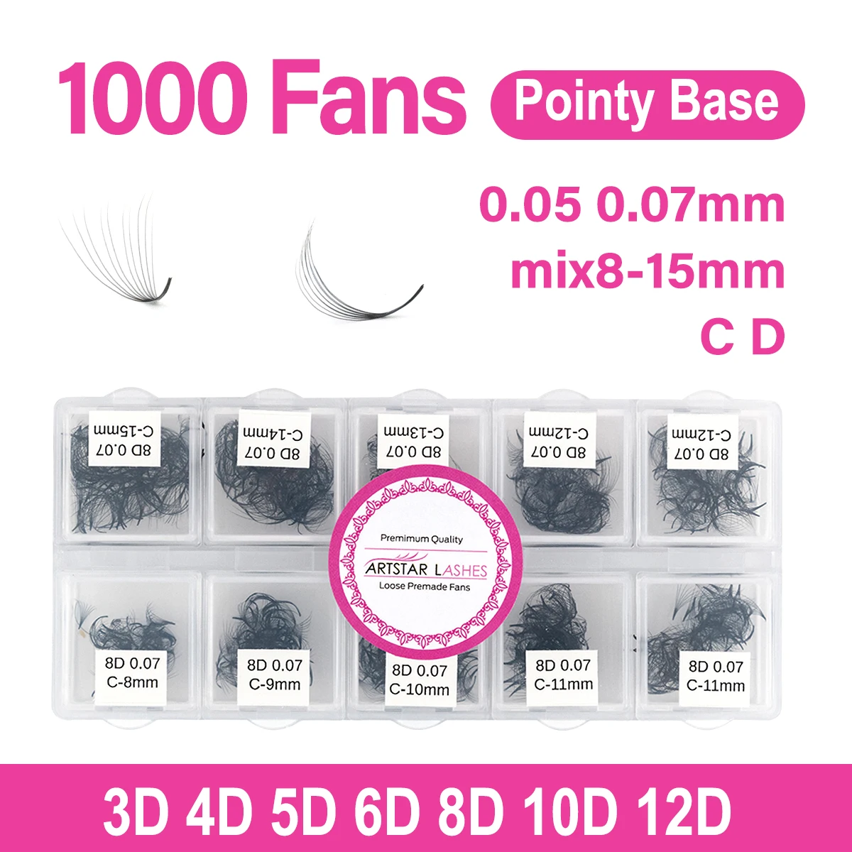 ARTSTAR 1000 Fans Loose Fans Lashes Extensions 3D 4D 5D 6D 8D 10D 12D Mixed Length Pointy Base Premade Fans Eyelashes Extensions