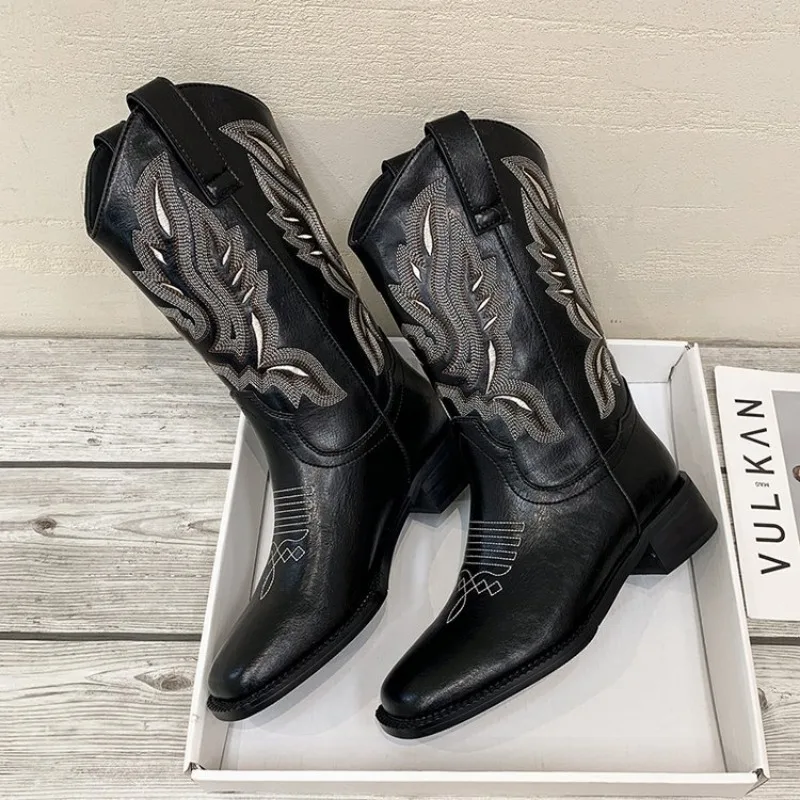 Women Embroidered Sleeves Motorcycle Knight Boots Western Cowboy V-Mouth Middle Sleeve Square Head Thick Heel Horse Boots