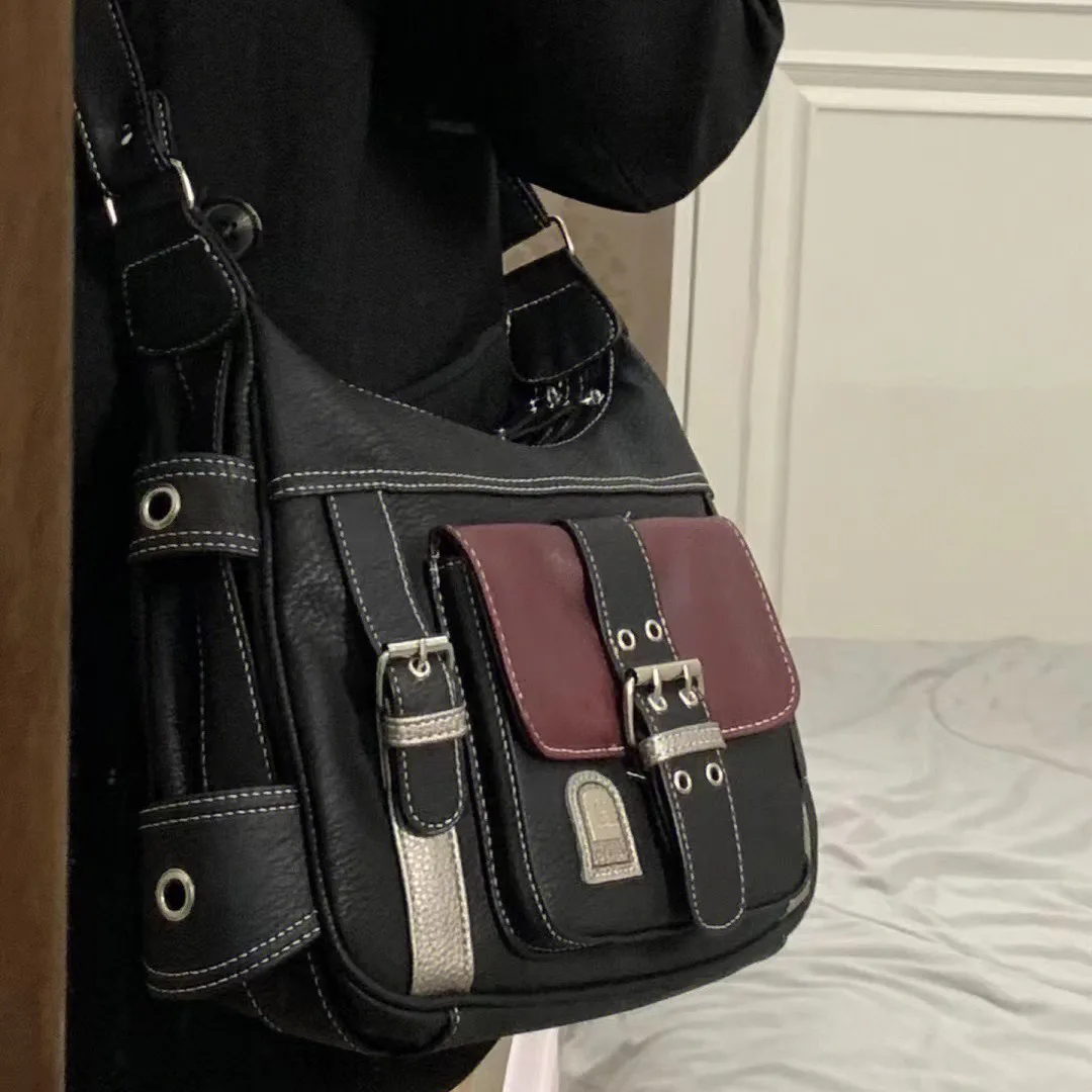 Women New Vintage Edgy Moto Soft Leather Colorblock Niche Trendy Versatile Shoulder Crossbody Bag Daily Commuter
