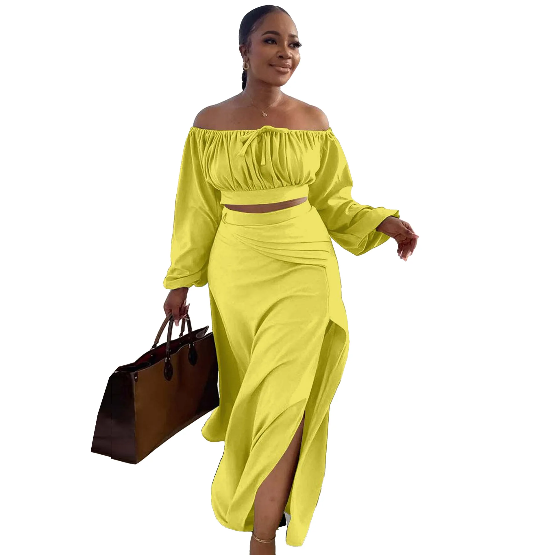 2 Piece African Clothes for Women Sexy African Summer Long Sleeve Polyester Black White Yellow Top Skirt Matching Sets S-3XL