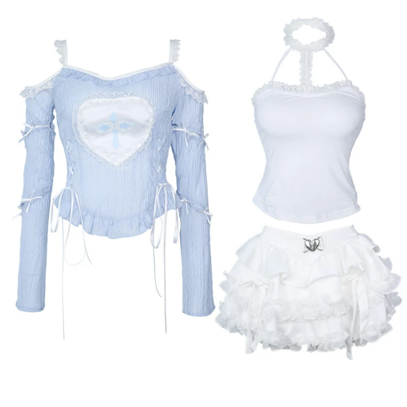 일본 귀여운 로리타 스타일 스커트 세트 여성용, 스위트 블루 긴팔 블라우스, Y2k 케이크 미니 스커트, 한국 패션 파티 스커트 세트 