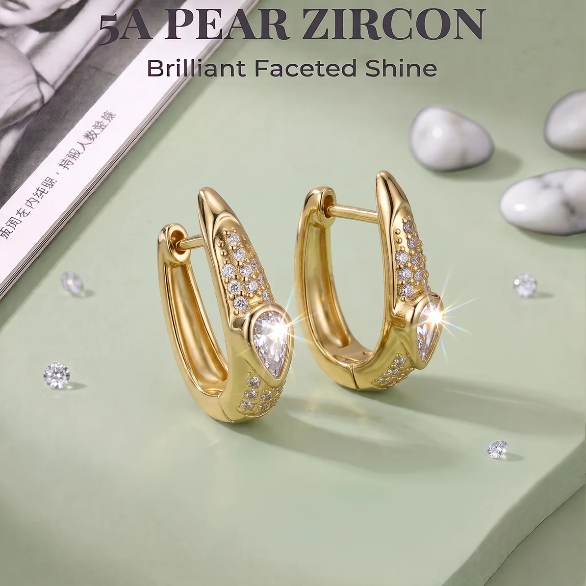 Moonmory Original Design 5A Birnenförmige Zirkon-Huggie-Creolen für Damen, minimalistisch, umweltfreundlich, 18K vergoldet – Detail 5