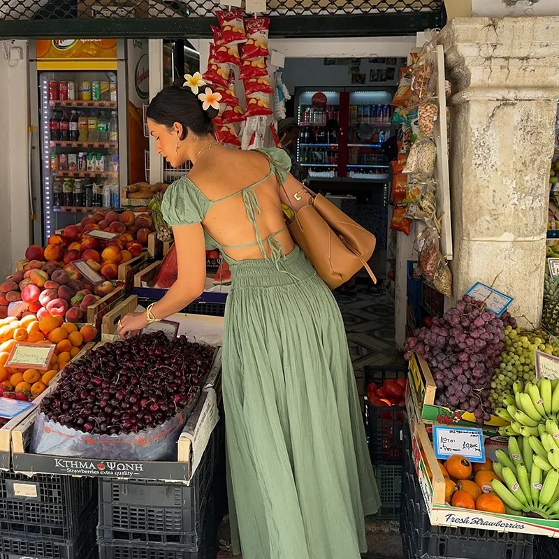 

Strappy Sexy Backless French Dress Women's 2025 Resort Style Beach Maxi Dress Ladies Summer Dress Loose Casual Dress