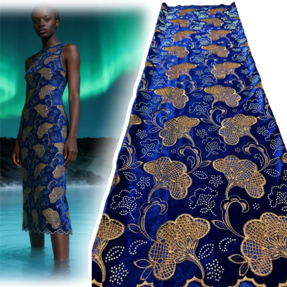 

African Velvet Tassel Lace Fabric with Intricate Embroidery Laser Cut Traditional Nigerian Attire Drapes Designs 5 Yards 1978