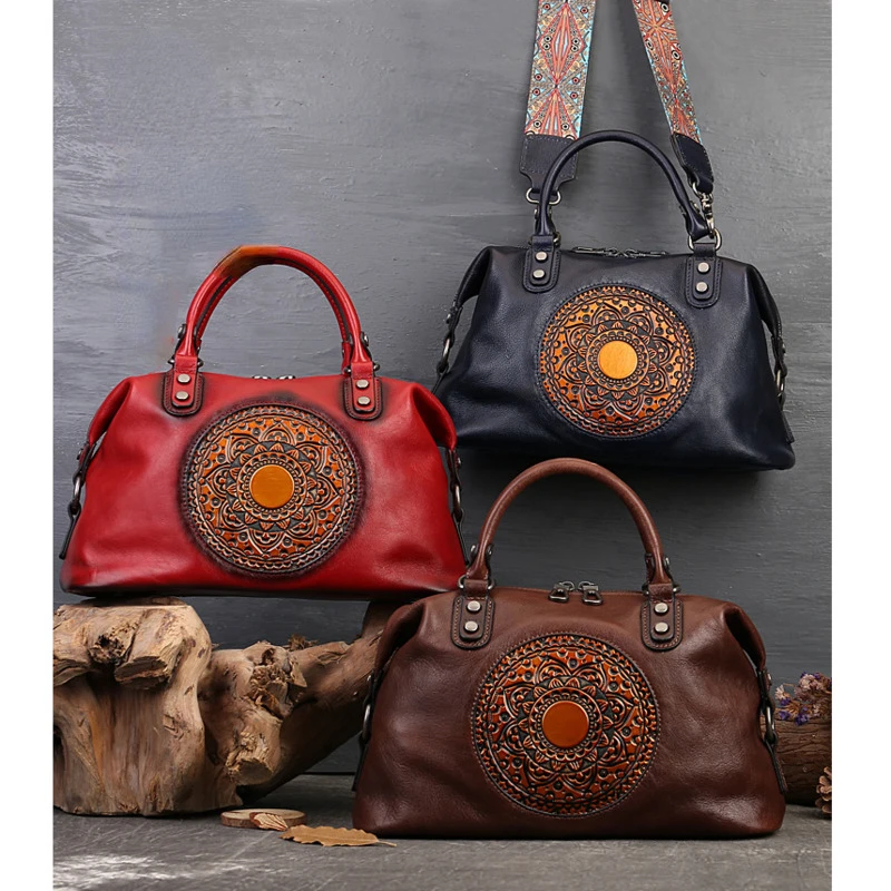 OYIXINGER Women Handbags For Ladies Genuine Leather Should Bags Bohemian Style Soft Leather Boston Retro Handmade Luxury Handbag