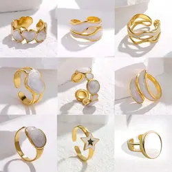 Vintage Stainless Steel White Dripping Oil Opening Ring for Women Simple Gold Color Geometric Adjustable Finger Ring Jewelry 202