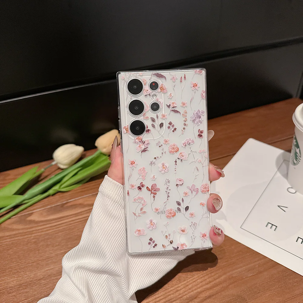 For Samsung Galaxy S21 S22 S23 S24 Ultra Plus FE Case Transparent Flower Shockproof Protection Soft silicone Cover Accessories