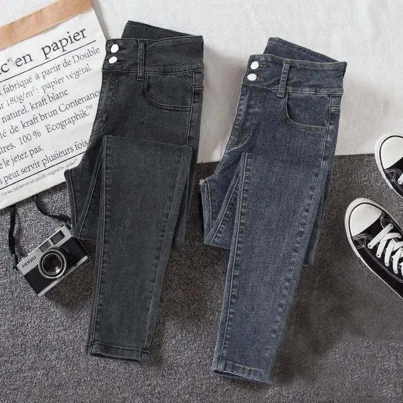 

Облегающие джинсы с высокой талией, женские эластичные джинсы с двойным синим узором, зимние брюки с девятью точками, зауженные брюки