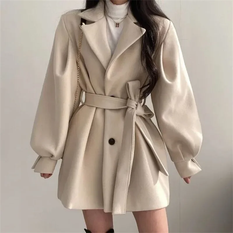 Mid Length  Blazer Collar Woolen Coat Women Belted Winter Jacket Niche Vintage Loose Fashion Overcoat Solid Trench Coats