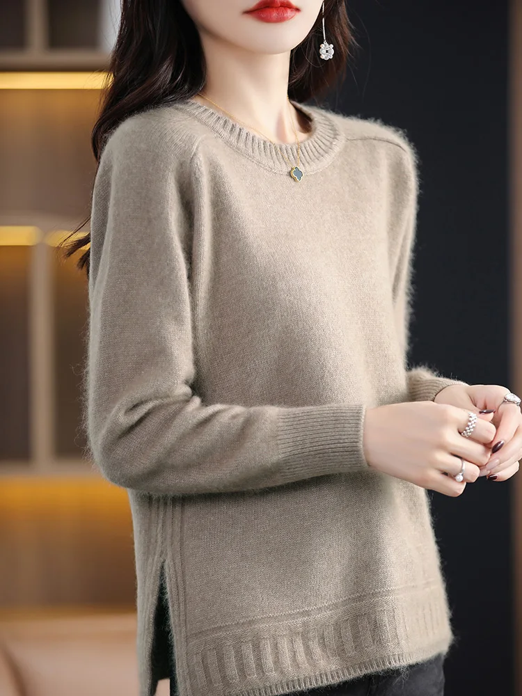 Women\' Thicken 100% Mink Cashmere Sweater O-Neck Large Size Knitted Pullover Long Sleeve Split Blouse Autumn New Jacquard Jacket