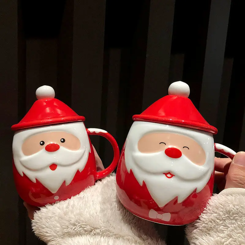 

450ml Christmas Couple Ceramics Cup With Lid Spoon Cute Santa Claus Holiday Coffee Mug Thanksgiving Party Gifts Milk Juice Latte