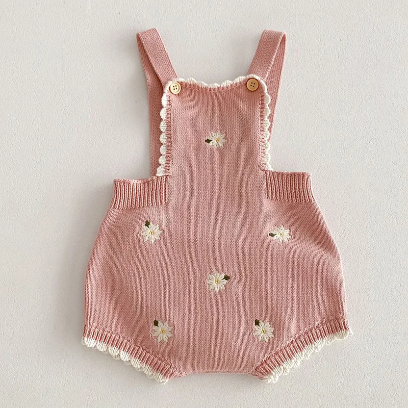 2024 Spring New Newborn Baby Girl Jumpsuit Sleeveless Knitting Flower Embroidery Toddler Baby Girl Romper Children Clothes