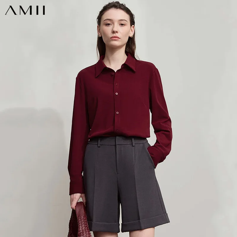 AMII Office Lady Shirt 2025 Autumn New Minimalism Thick Long Sleeves Blouse Elastic Cotton Lapel Women's Clothing 12553079