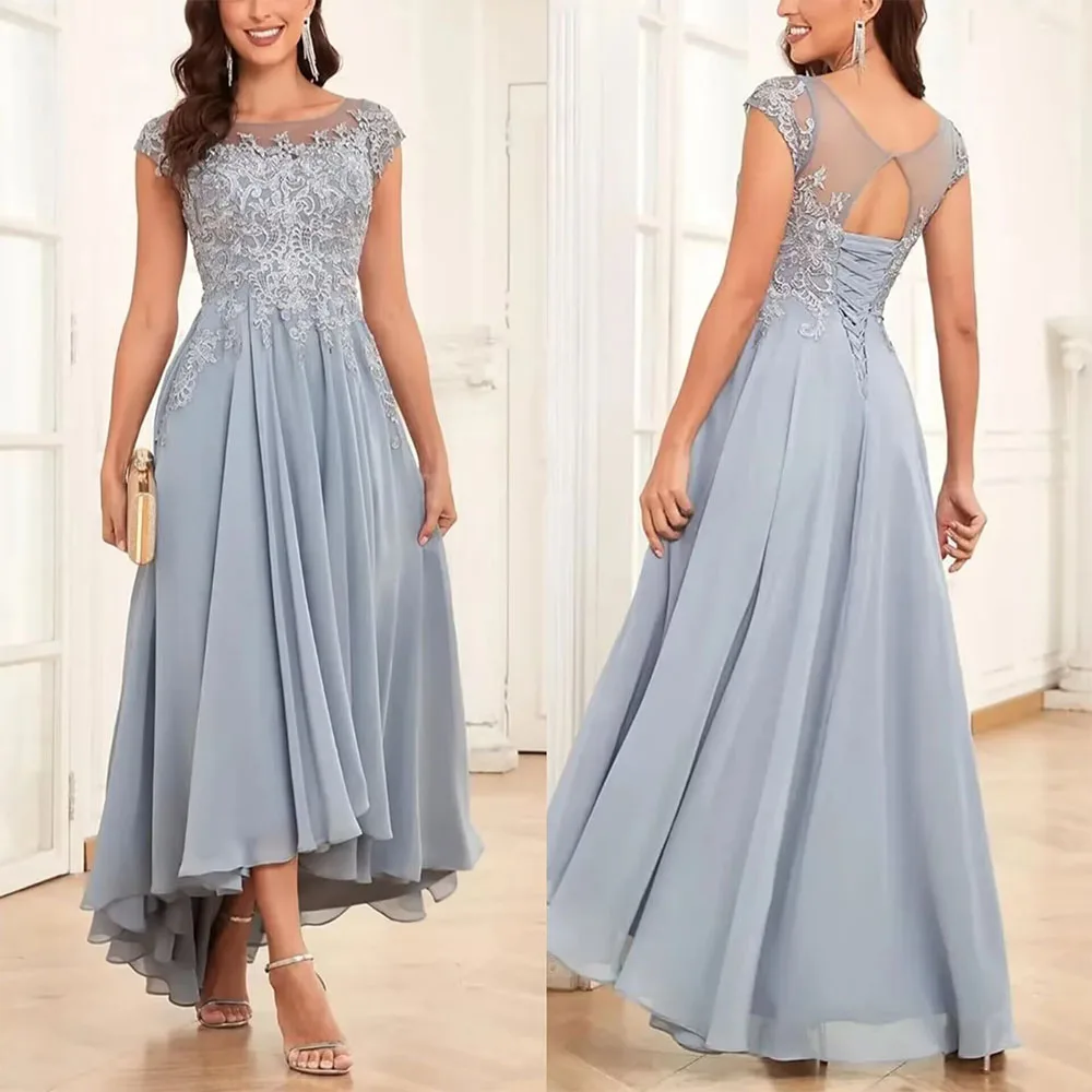

High Quality Customized Ankle Length O-neck Tulle Blue Appliques Short Sleeves Woman Dresses for Women Party Robes De Soirée