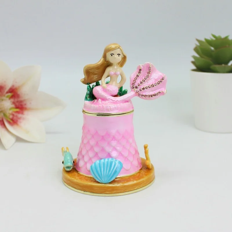 

SHINNYGIFTS Enamel Pink Mermaids Trinket Box Hinged Hand Painted Rhinestones Crystal Jewelry Storage Box