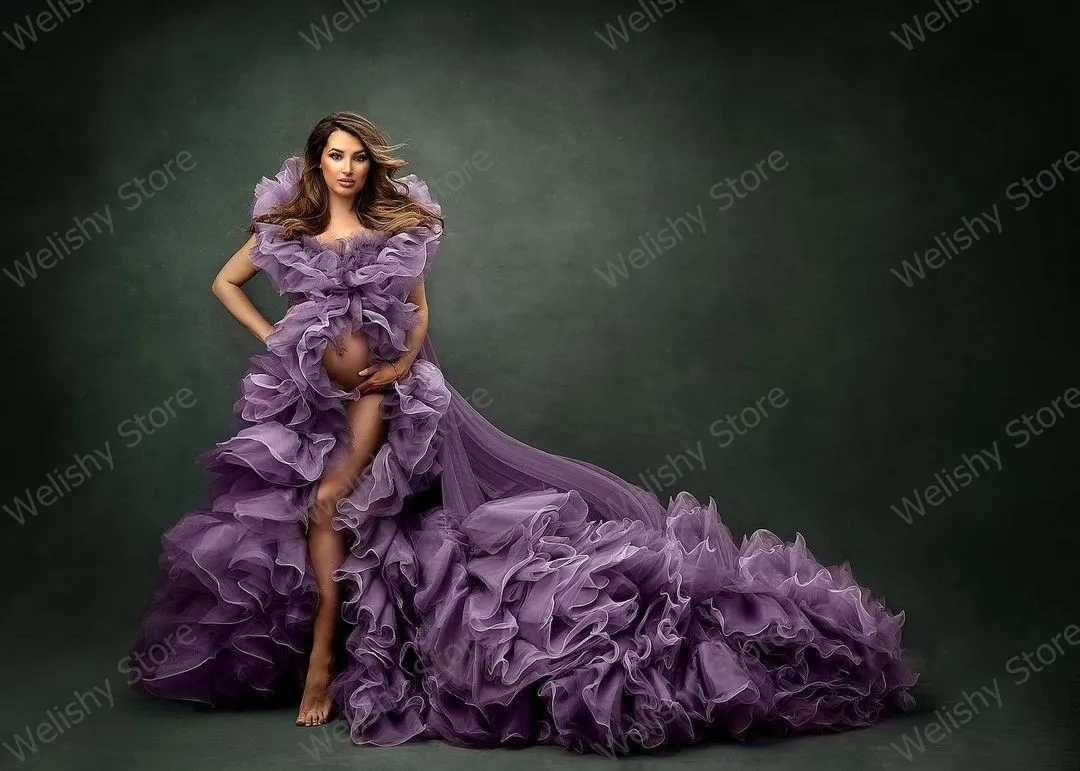 Gorgeous Lavender Ruffles Pleated Tulle Maternity Robes For Photo Shoot Front High Split Ruffled Tulle Pregnancy Women Dresses