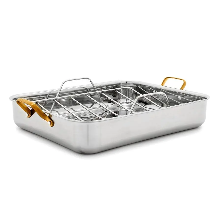 

Reserve 16 x 13 TriPly Stainless Steel Roasting Pan with Roaster Rack, Multiclad Cookware, Induction Suitable, Gold Stainless St