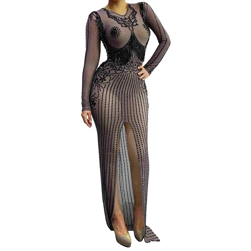 ブラックラインストーンイブニングドレス Frmale ゴーゴーナイトクラブ誕生日衣装歌手ホストステージパフォーマンスハイスリットパーティードレス yj132