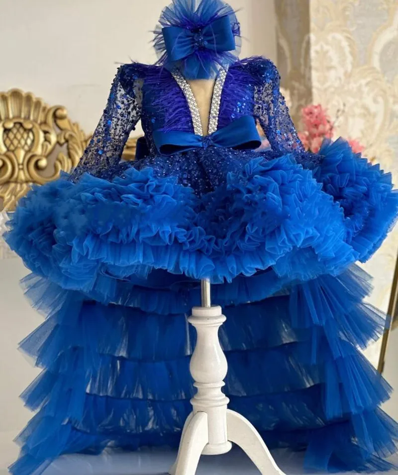 Robe de demoiselle d'honneur bleu royal pour mariage, col en V, manches longues, robe de fête de Noël, robe d'anniversaire pour enfants avec longue queue, luxe