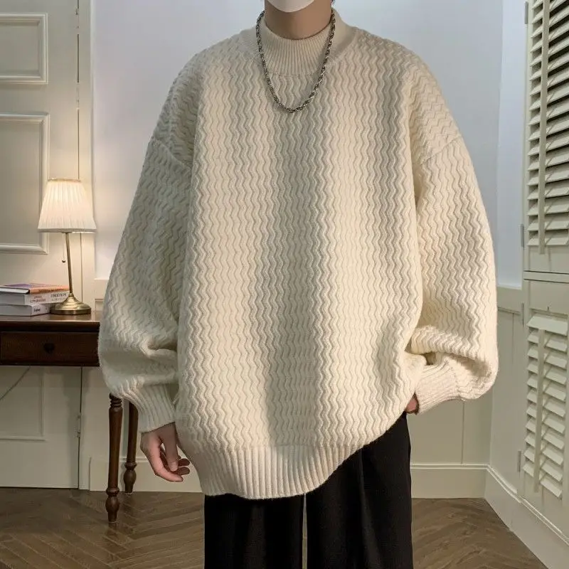 

Korean Vintage Solid Color Sweaters Autumn Winter Casual Half High Collar Men's Clothing Wave Cut Basic Loose Knitted Pullovers