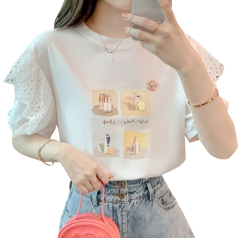 Cotton White Woman Tshirts O-neck Short Sleeve Ruffles Sweet T-shirt 2023 Shirts for Women Loose Casual Korean Tees Tops Female