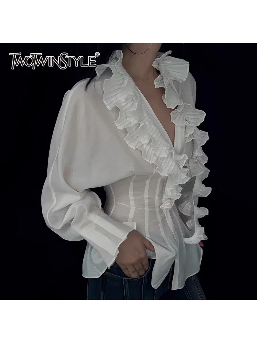 

TWOTWINSTYLE Slimming Sheer Spliced Fungus Folds Shirts for Women V Neck Long Sleeves Patchwork Single Breasted Shirt Female New