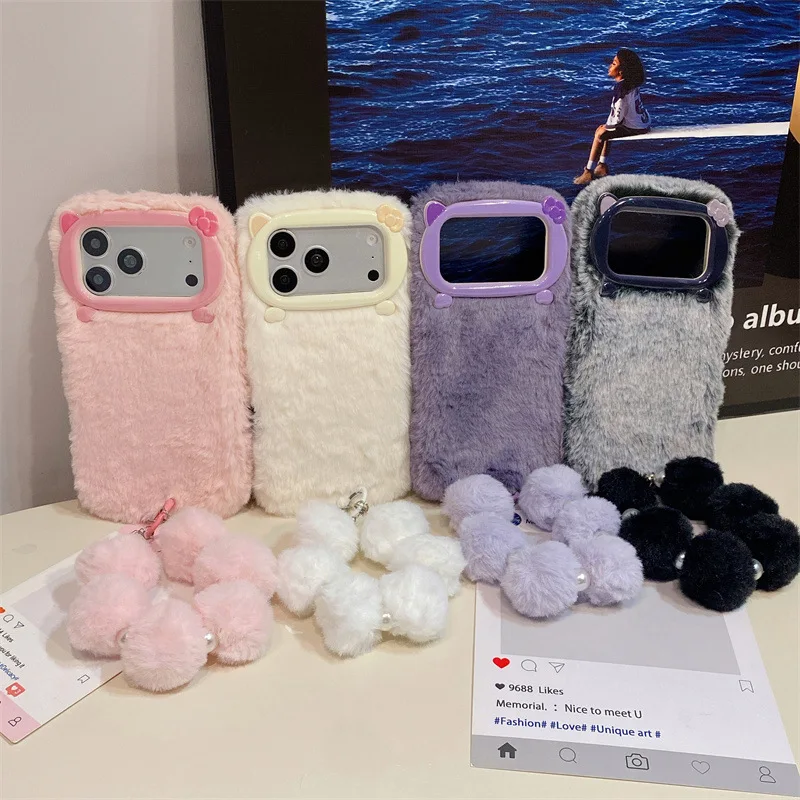 Luxury Solid Colors Furry Plush Phone Case For iPhone 17 Air 16 15 14 12 13 11 Pro Max With Lanyard Shockproof Protective Cover view 2