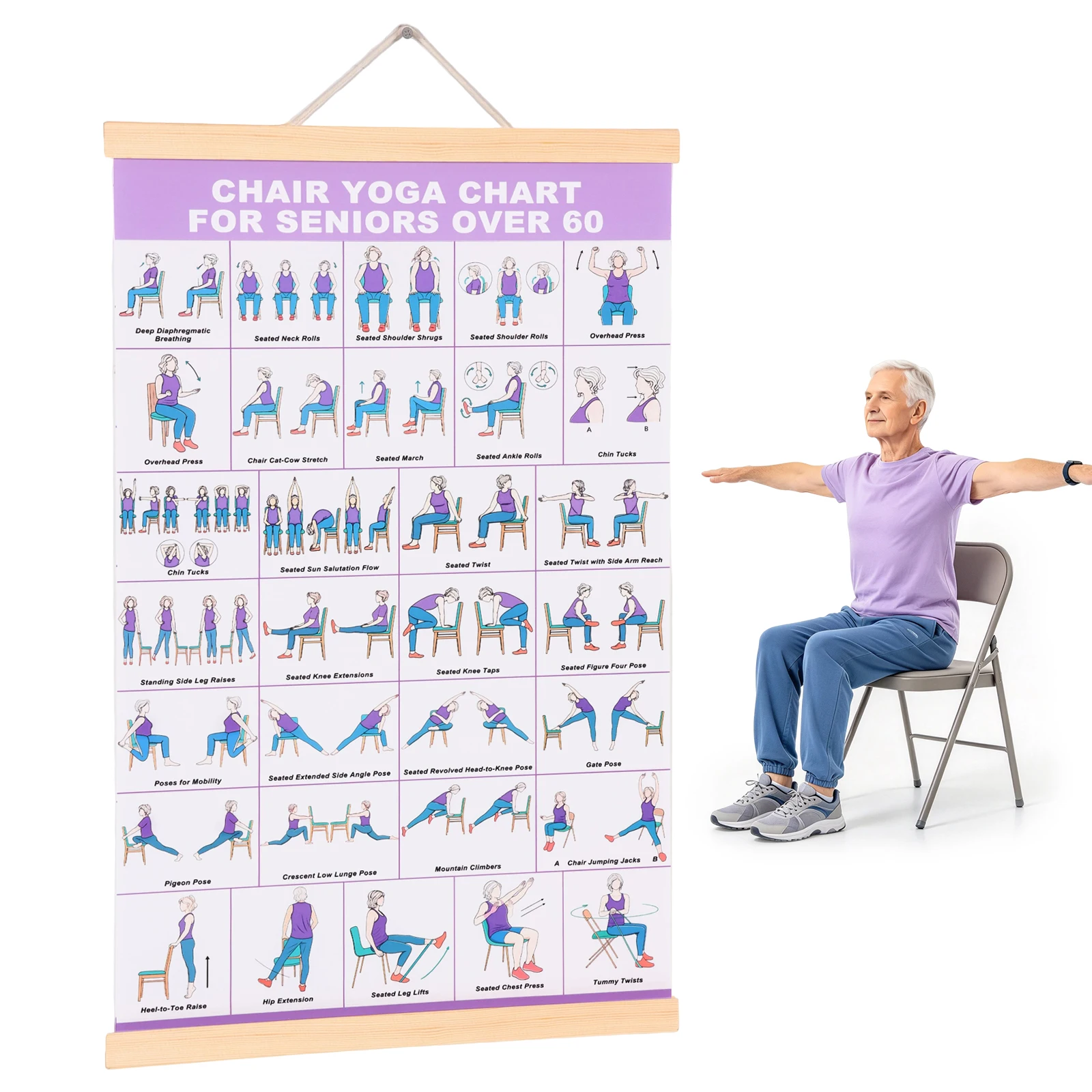 1Pc Chair Yoga Char Hanging Tai Chi Chair Workout Chart Waterproof Chair Yoga Poster for Senior Activity Center Daily Stretching