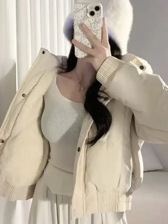 Korean Sle Hooded Bread Coat Women's Faionable Fur Collar ort Zipper Design Thi Warm Fce Lined Cotton Jaet Outer...