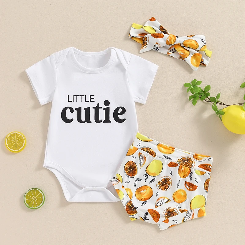 Baby Girls Shorts Set Short Sleeve Letters Print Romper Lemon Print Shorts with Hairband Summer Outfit