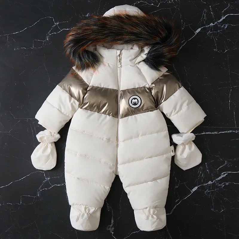 Fur Collar Hooded Baby Romper with Gloves Fleece Thick Newborn One Peice Jumpsuits Baby Girl Boy Onesie New Baby Winter Clothes