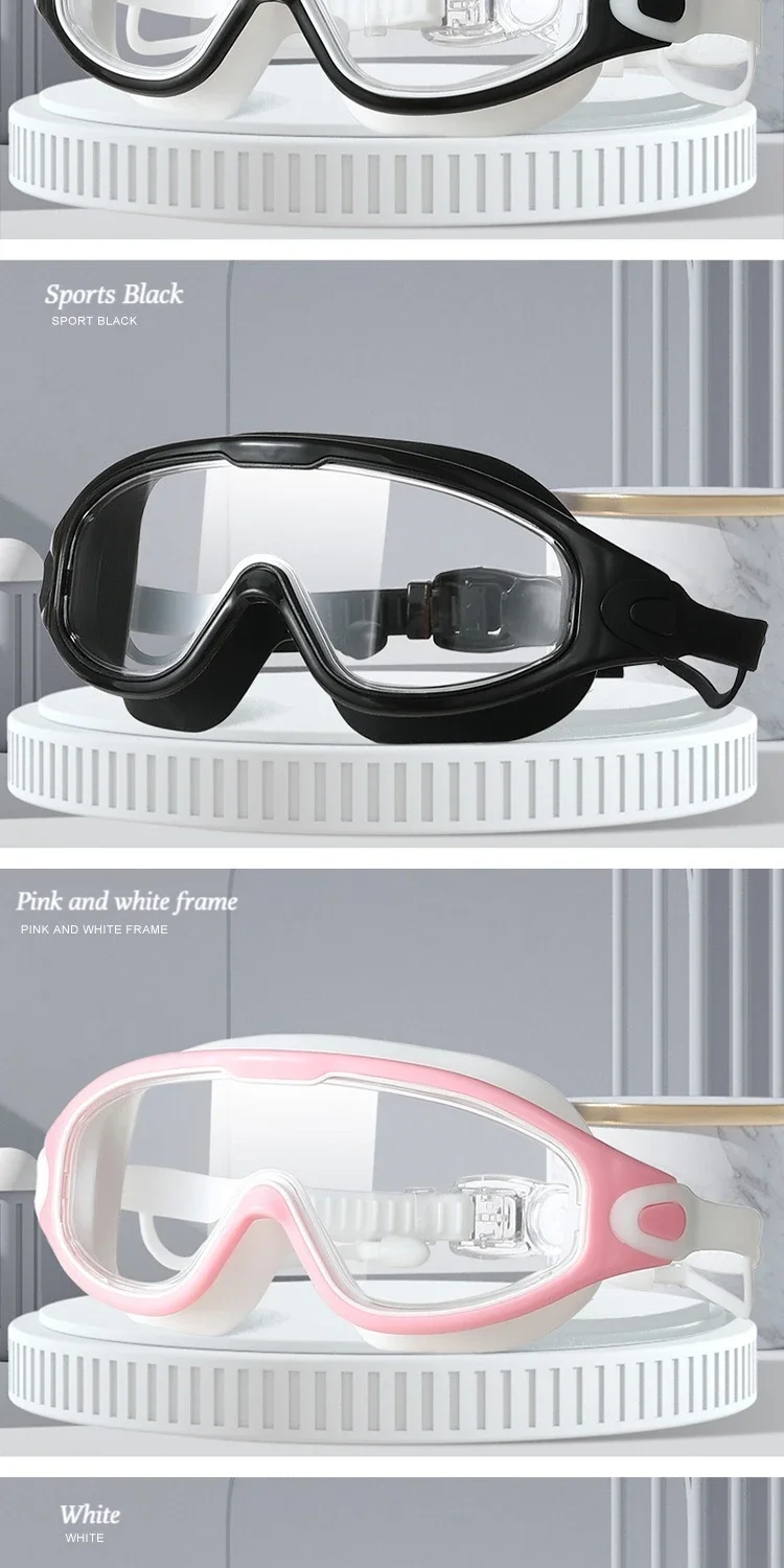Schwimmbrille für Erwachsene mit großem Rahmen und Ohrstöpseln, männlich und weiblich, professionell, hochauflösend, beschlagfrei, Silikon – Detail 3