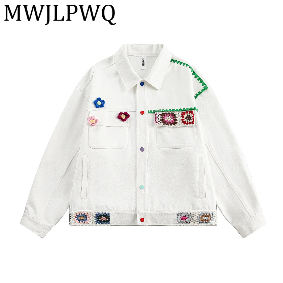 

MWJLPWQ Trendy American Retro Handmade Floral Workwear Jacket Male High Street Lapel White Denim Coat 2026 Spring New 21972