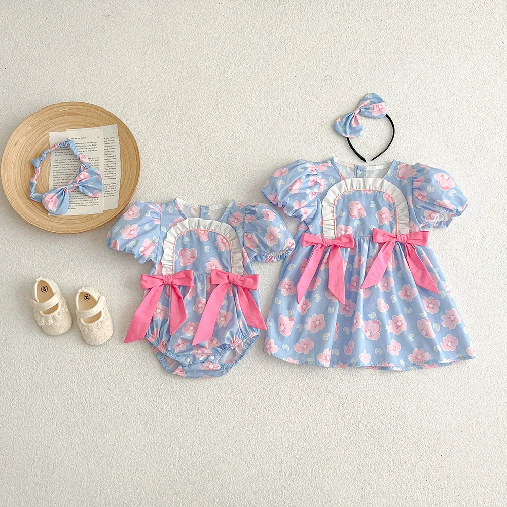 Matching Sister Outfits Holidays Baby Princess Dress 1 Year Cute Newborn Bow Bodysuit Summer 2023 New Girls Party Floral Dresses