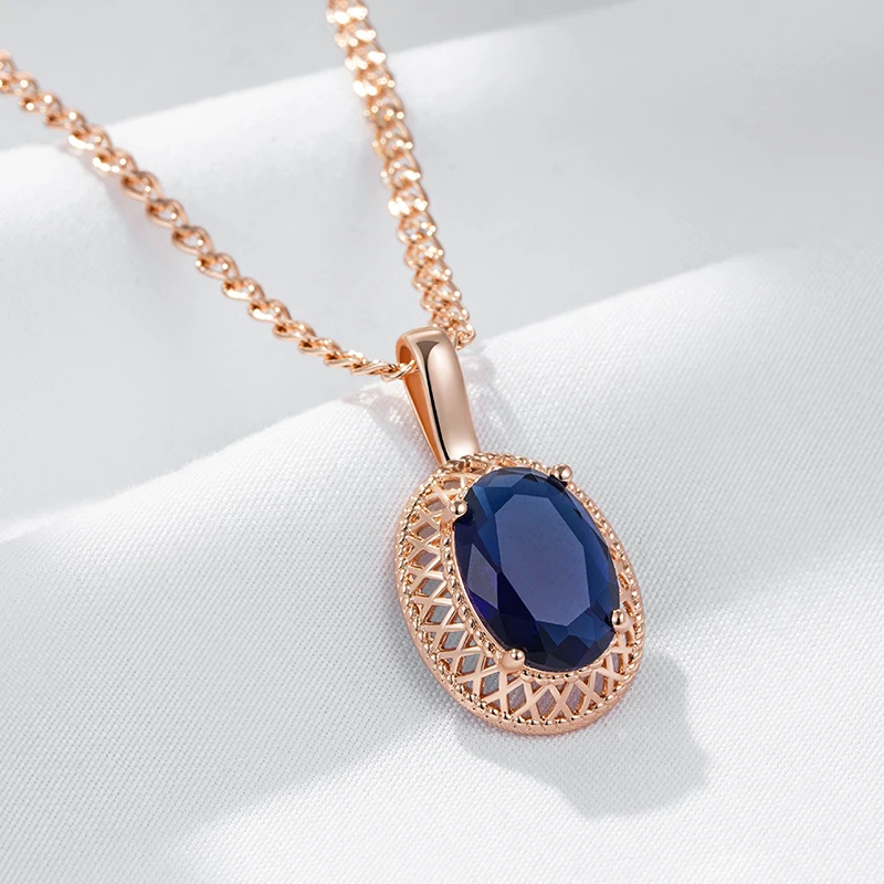 Kienl Hot Oval Blue Natural Zircon Pendant Necklace for Women Trend 585 Rose Gold Color Ethnic Bridal High Quality Daily Jewelry