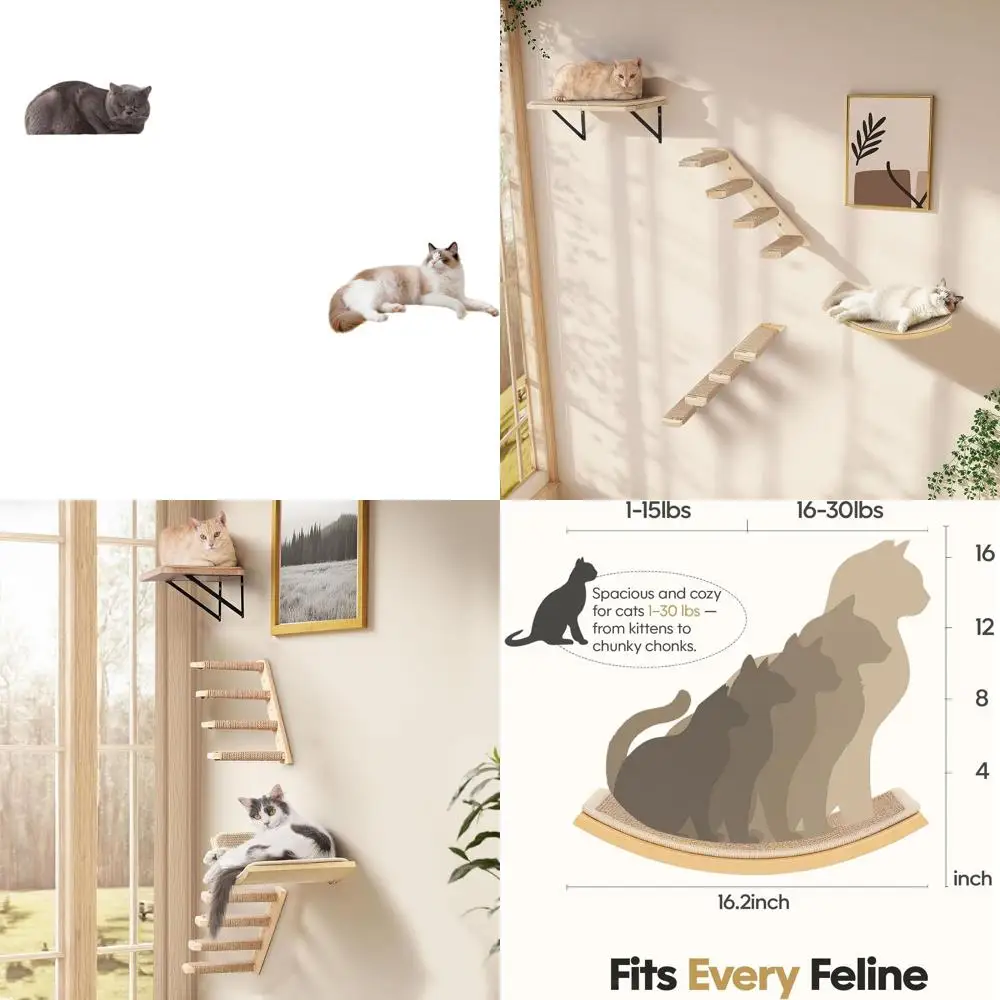 

4-Piece Wooden Cat Wall Shelves with Sisal Steps, Curved Scratch Bed, Flat Shelf, and 4-Step Ladder