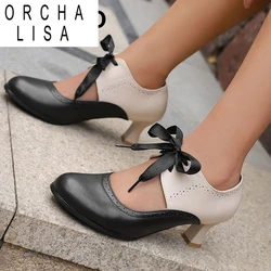 ORCHA LISA Fashion Female Pumps Round Toe Strange High Heels Lace Up Mixed Color Large Size 46 47 48 Sweet Daily Women Soft Shoe