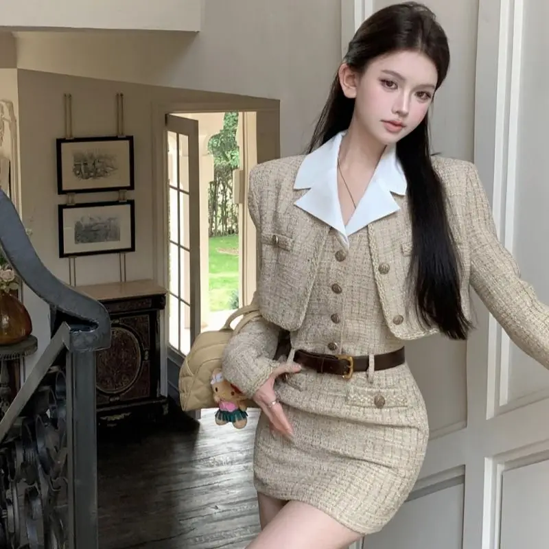 

Korean Two-Piece Set Small Fragrant Button Splicing Short Coat High Waist Hip Skirt Autumn Winter New Women'S High-End Suit