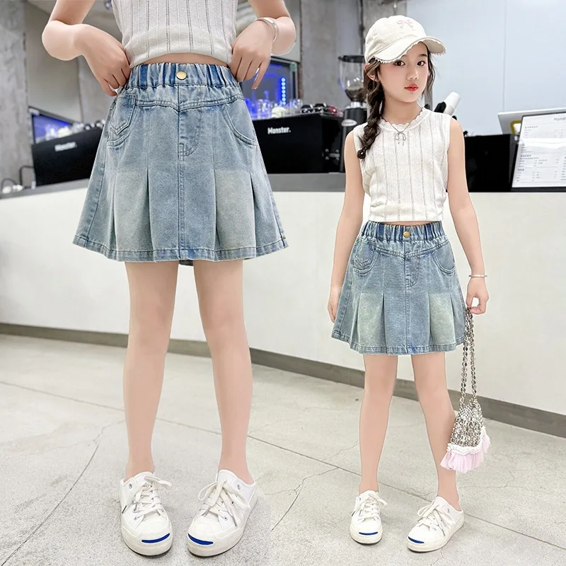 2026 SUMMER Children Girls Clothes Fashion Teenager Denim Jeans Safety Shorts Pant Pleated Skirt Jeans 4 8 9 10 11 12 Years