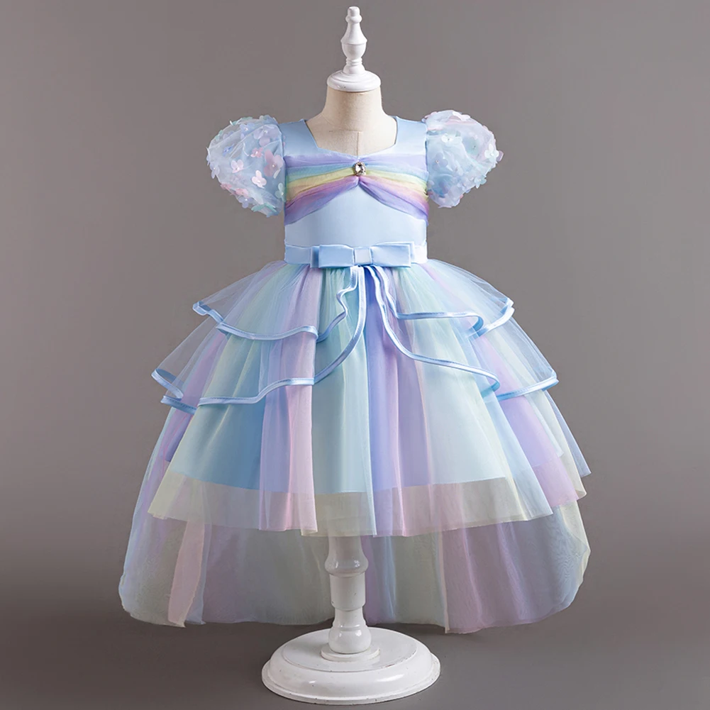 HETISO Rainbow Trail Tulle Princess Dress for Girls Kids Children's Birthday Party Graduation Ceremony Wedding Frock 3-12 Years