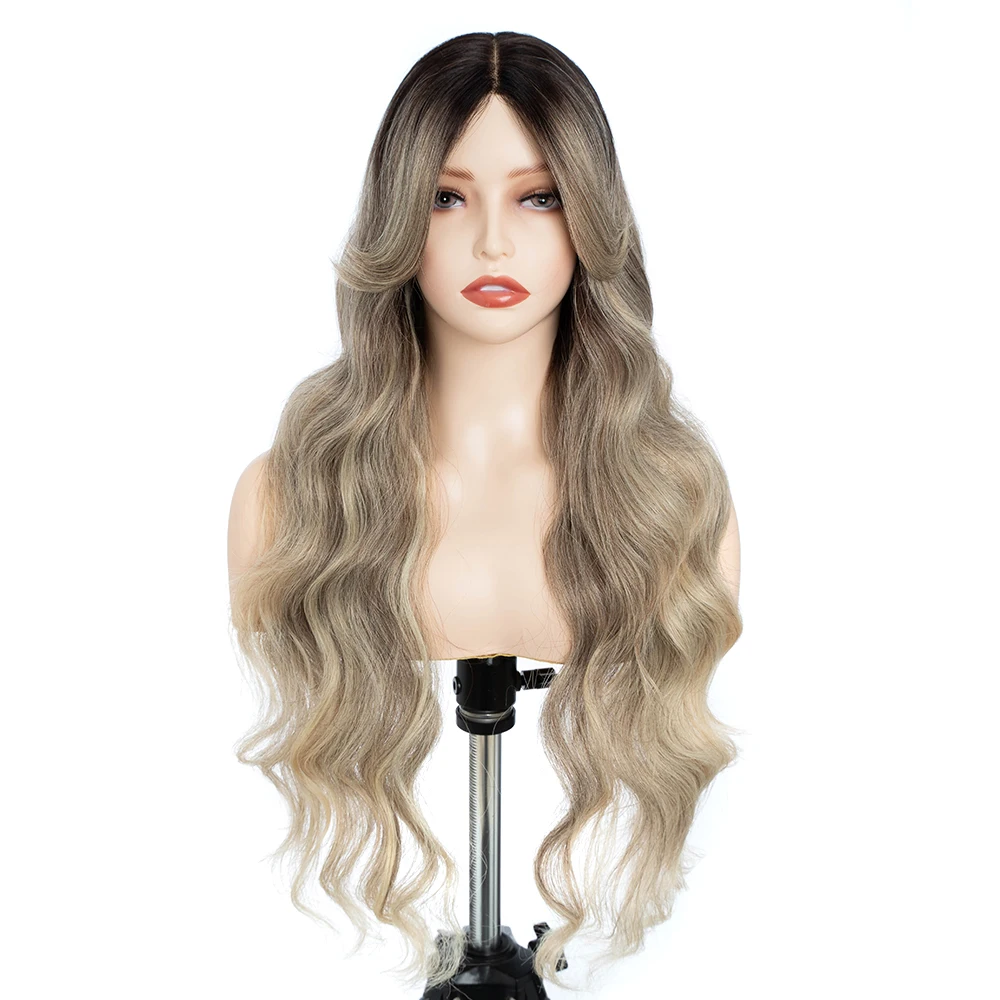 Synthetic Lace Wig Water Wave  28 Inch Brown Blonde Wig with Bang Lace Wig Ombre Blonde Cosplay Wigs For Women Lace Front Wig