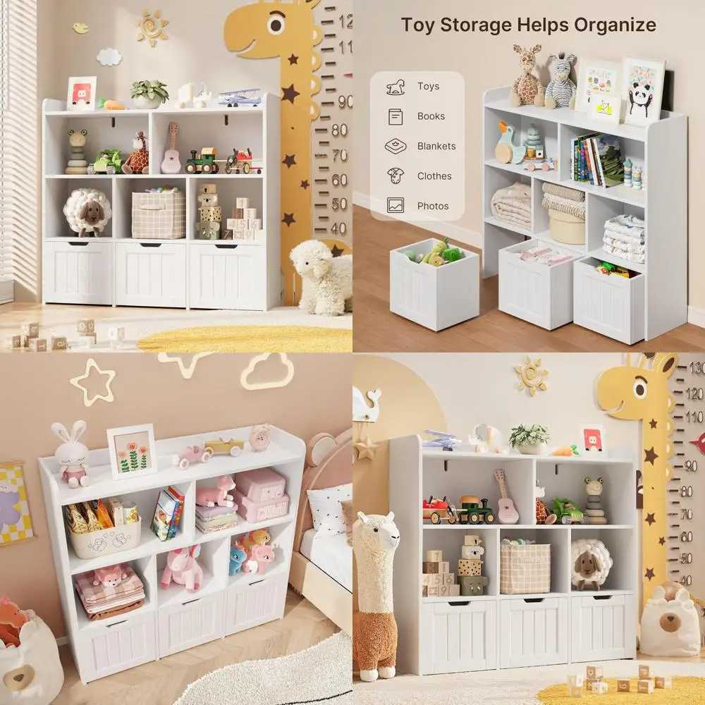 

White Kids Toy Storage Cabinet & Bookcase with 3 Wheels, 6 Shelves for Nursery & Playroom Organization