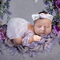 Ylsteed 2 Pieces Set Lilac Newborn Rose Lace Romper Bow Headband Baby Girl Photography Outfits