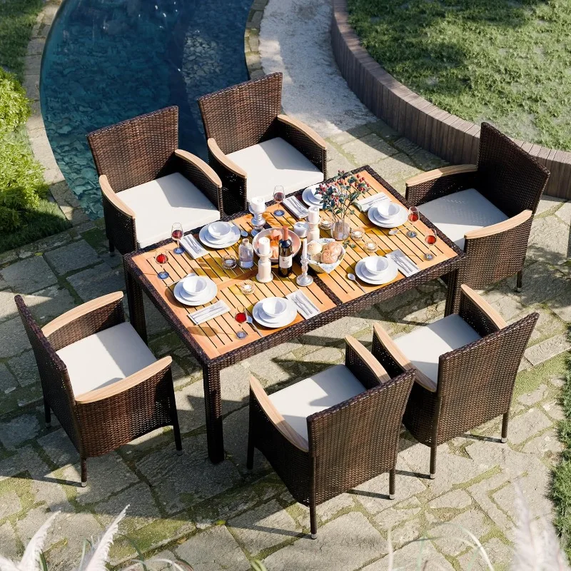 7 Pieces Outdoor Patio Dining Set, Wicker Patio Furniture Set with Wood Table and 6 Chairs with Soft Cushions for Yard, Garden