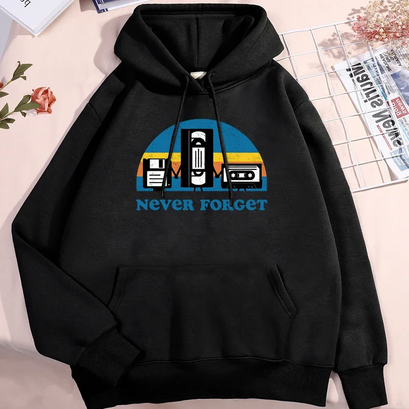 Never Forget The Old Radio Print Hoodie Men Women Creativity Fleece Streetwear Pattern O-Neck Streetwear Casual Loose Hoody Male