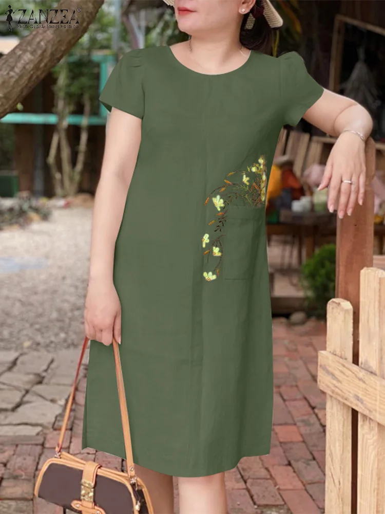 ZANZEA-Robe d'été brodée florale à manches courtes pour femmes, robes de soirée de travail vintage, longueur au genou, élégante et décontractée