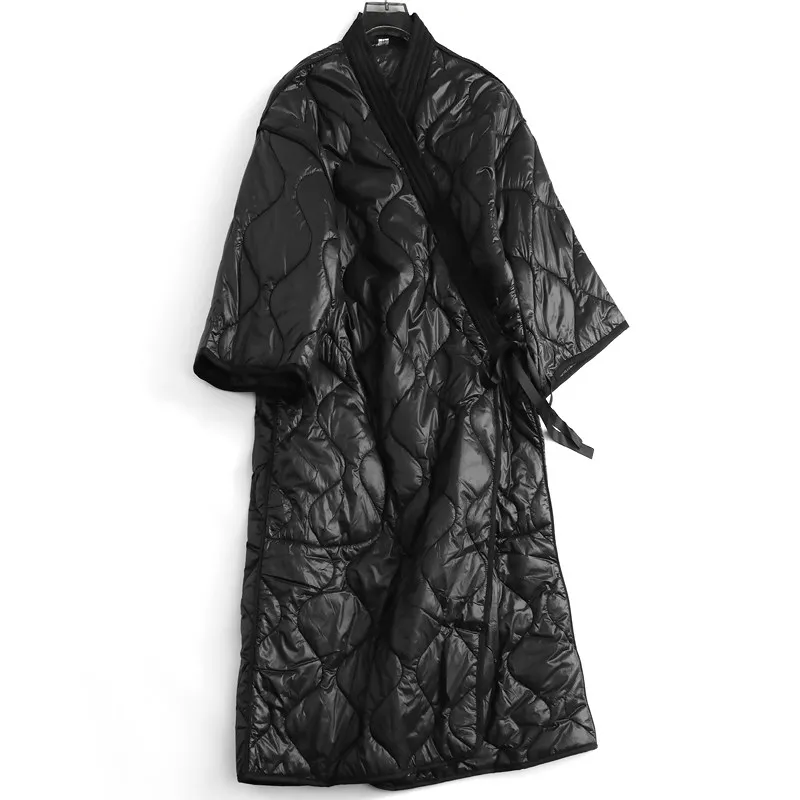 Women Lightweight Cotton Padded Coat 2026 New Winter Solid Color V Neck Tie Placket Long Sleeve Female Long Outerwear