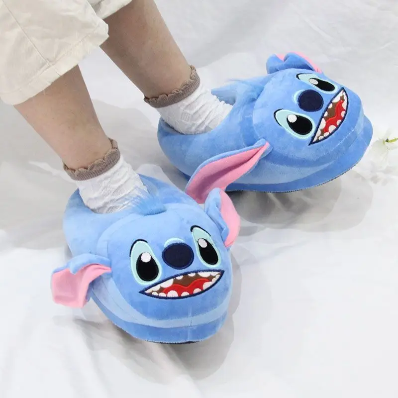 Disney Stitch Cute Anime Plush Slippers with Cover Heels Couple Casual Warm Kawaii Home Slippers Women's Shoes